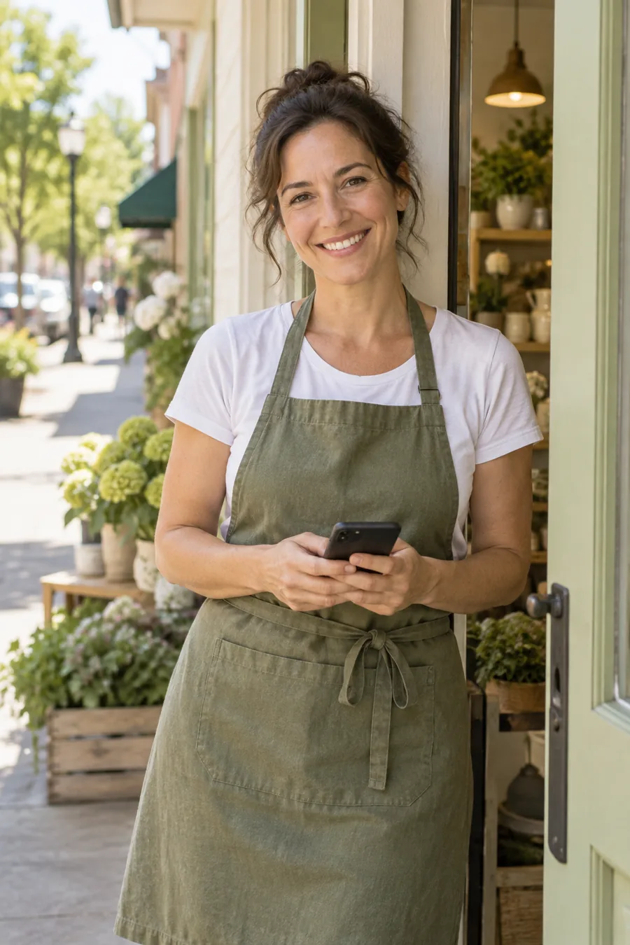 A smiling small business owner standing in the doorway of her shop, phone in hand